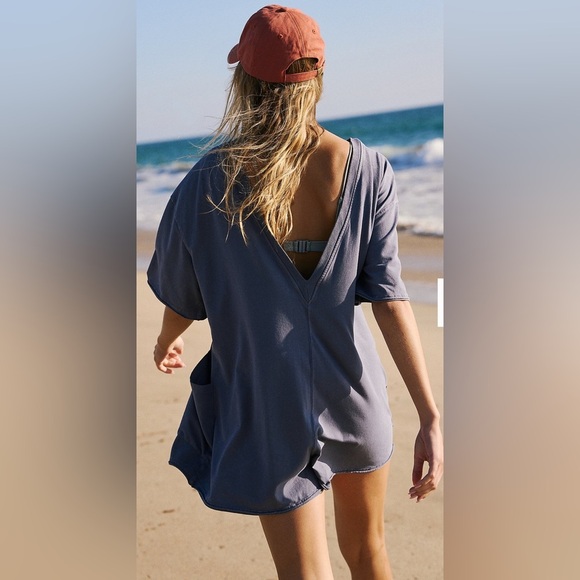 FP Movement Free People Tee Tshirt Hotshot Romper Blue with flaw NWOT XS - Picture 2 of 9